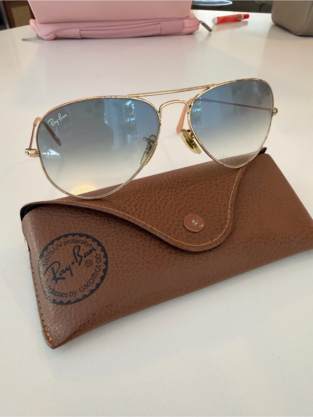 Ray-Ban Gold Frame Sunglasses with Blue Gradient Lenses